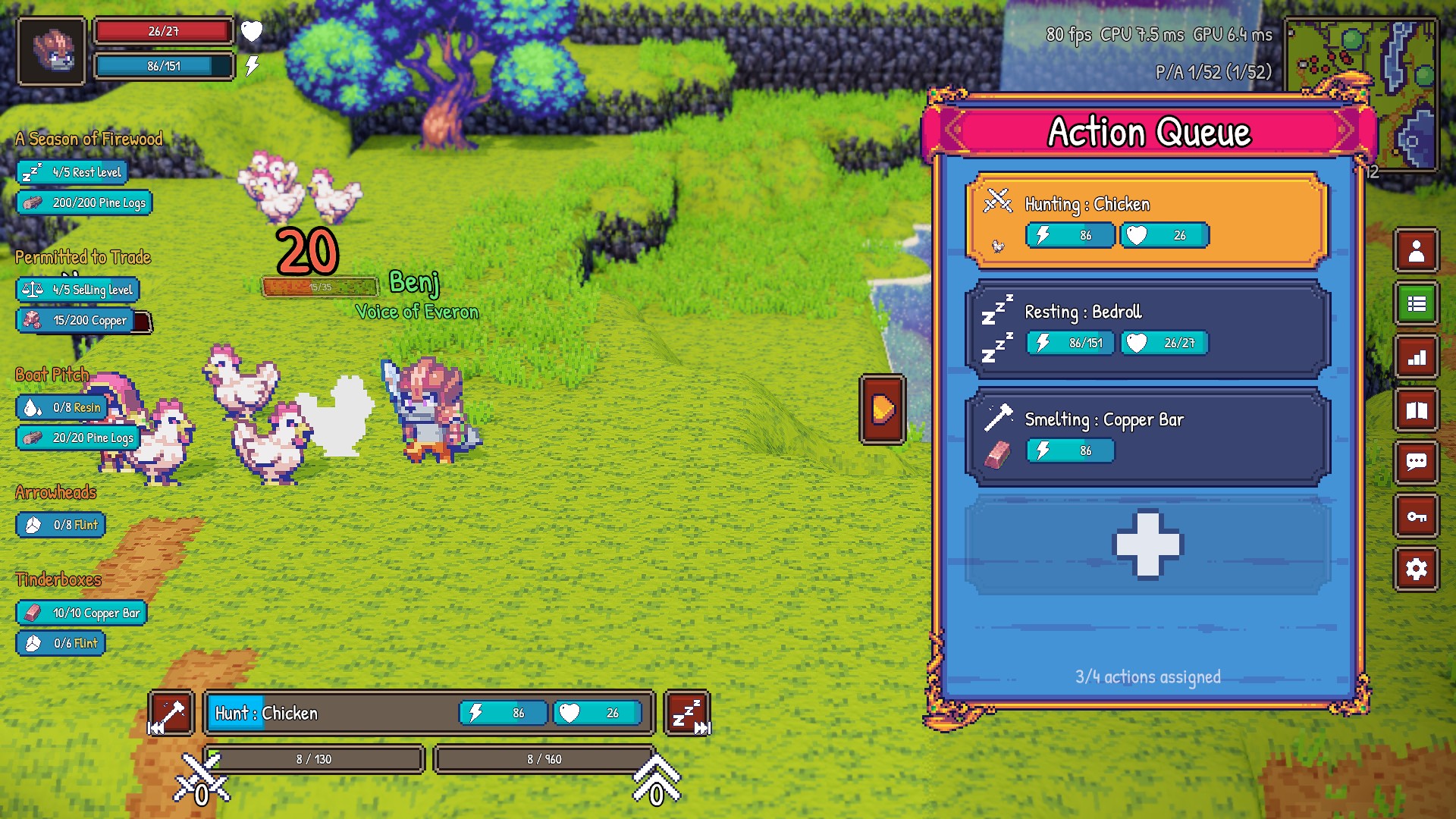 Everon: the Action Queue, with hunting, resting and smelting lined up