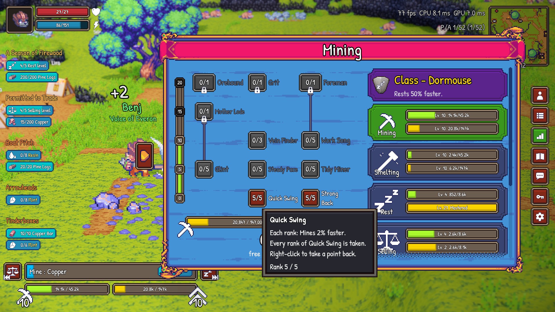 Everon: the Mining talent tree and skill levels