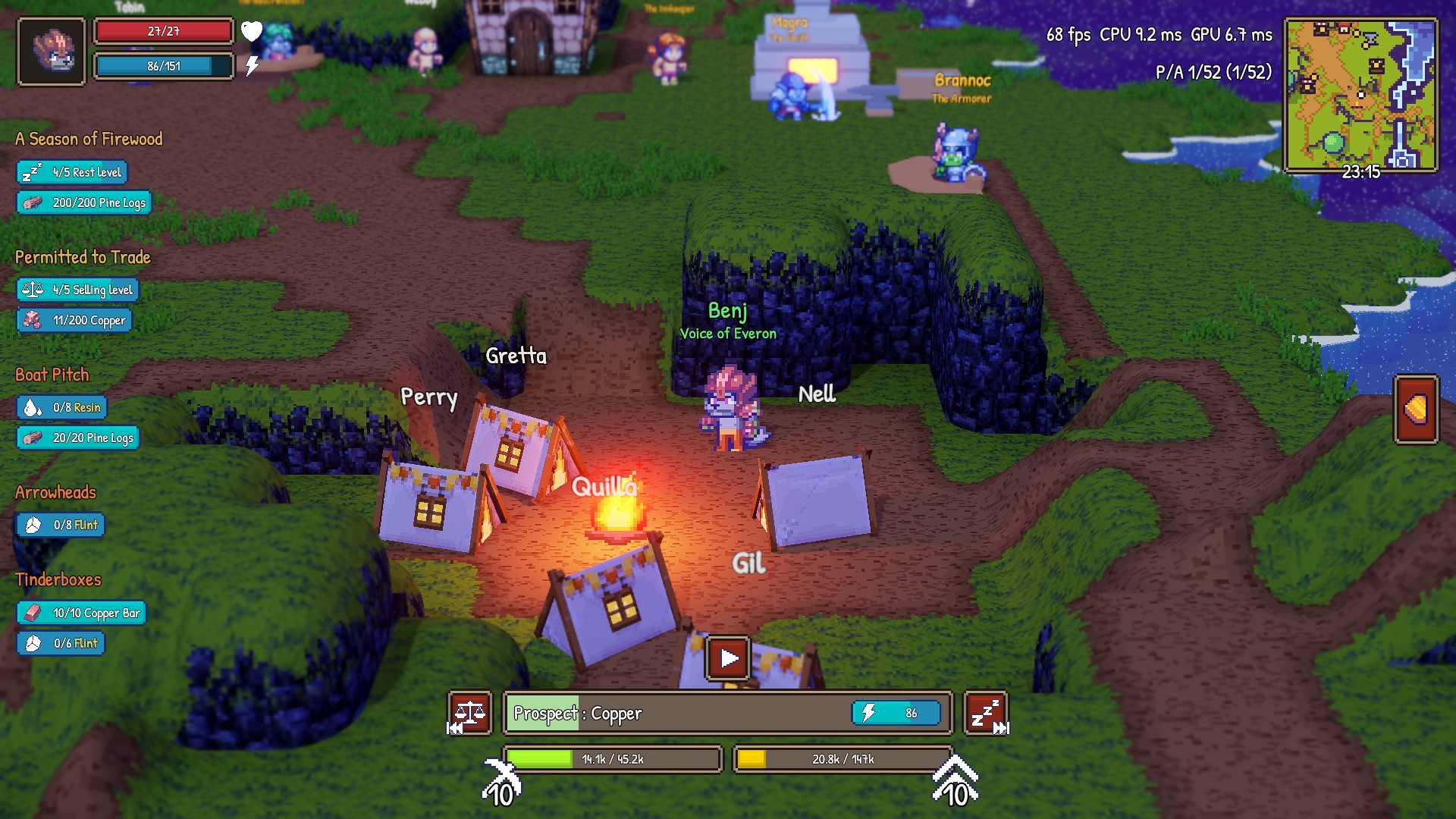 Everon: an avatar at a campfire camp at night, surrounded by tents and other players